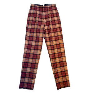 Vintage 70s KENZO Paris Womens Wool Tartan High Rise Tapered Pants Red Orange 40